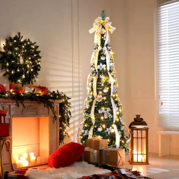 Para árvore de natal dobrável dobrável, fácil instalação, puxar para cima com decorações, luzes quentes, instalada rapidamente